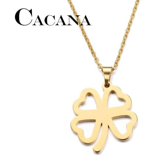 CACANA Stainless Steel Necklace For Women Man Lovers Hollow Clover Gold And Silver Color Pendant Necklace Engagement Jewelry