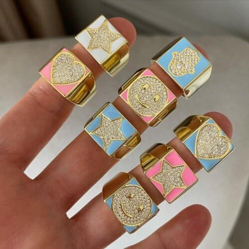 Drop Shipping Women Open Finger Ring Micro Pave Smiley Face Hand Star Heart Shaped CZ Neon Enamel Colorful Engagement Jewelry