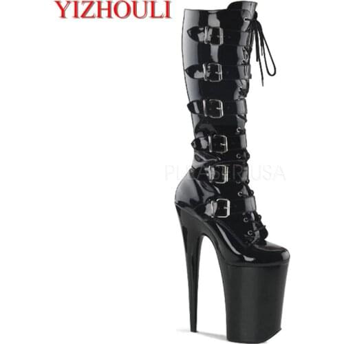 20 cm high heel boots, sexy buckle, black paint platform boots, club fashion women high boots