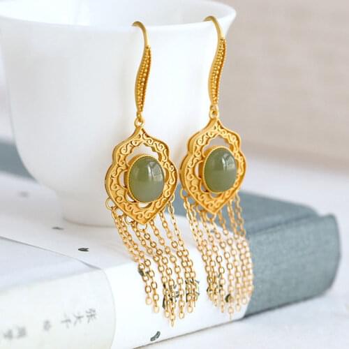 S925 Sterling Silver Jasper Tassel Earrings Natural Hetian Jade Gray Jade Pattern Earrings Classical Anti Allergy Ear Jewelry W