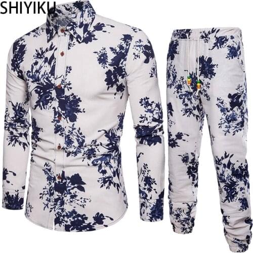 SHIYIKU Fashion Casual Long-Sleeved Shirt Trouser Brand Mens Hipster Streetwear Retro Print Mens Spring Autumn Two-Piece Suit