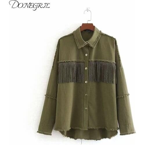 Vintage Stylish Fringe Beaded Loose Denim Jacket Coat Women 2020 Fashion Long Sleeve Frayed Trim Ladies Outerwear Mujer