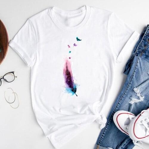 Women Graphic Watercolor Feather Bird New Fashion Print Ladies Short Sleeve Summer Female Clothes Tops Tees Tshirt T-Shirt