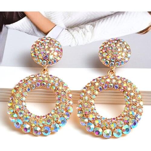 Trends 2020 Women Statement Round Colorful Rhinestone Long Drop Earrings Fashion Crystals Jewelry Ladies Jewellery