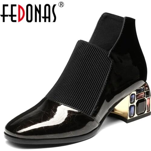 FEDONAS Solid Rhinestone High Heels Dancing Party Shoes Woman Winter New Genuine Leather Fashion Short Boots Women Ankle Boots