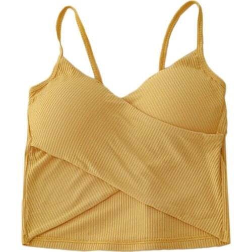 Women Sexy Crisscross Wrap Front Camisole V-Neck Ribbed Padded Solid Crop Top Q39C