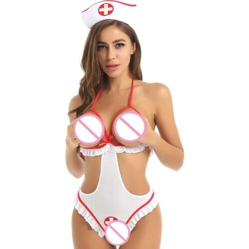 Womens Nurse Lingerie Set Cosplay Costume Halter Neck Open Cup Bra Crotchless G-string Sexy Leotard Bodysuit with Headband