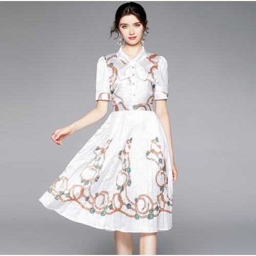 Summer Runway Designer Bow Neck Pleated Dress Women Short Sleeve Floral Print Vintage Female Elegant Midi Dress k6177