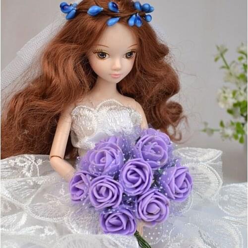 10pcs/lot Mini bride bouquet Hand Hold flowers Mix Colors Foam roses DIY Accessories For Barbie Toy Doll Gift Decorate Collect