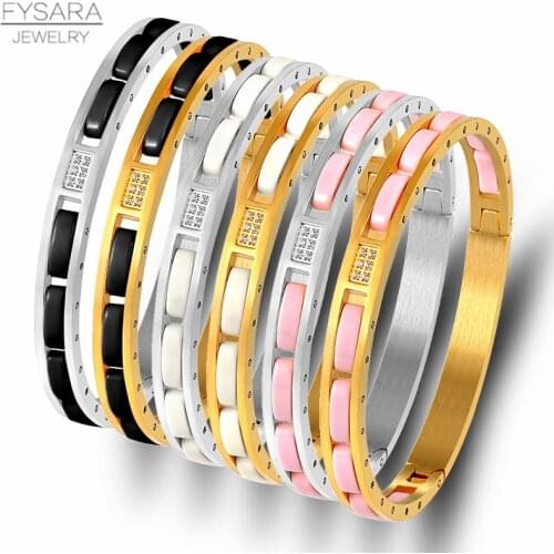 FYSARA 361L Stainless Steel White Black Ceramic Bracelet Bangle for Women Men Fashion Crystal Screw Bangle Couple Lover Jewelry
