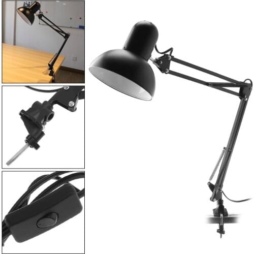 Black E27 Flexible Swing Arm Desk Lamp 360 Degree Rotation Office Home Reading Table Light with Rotatable Lamp Head Clamp Mount