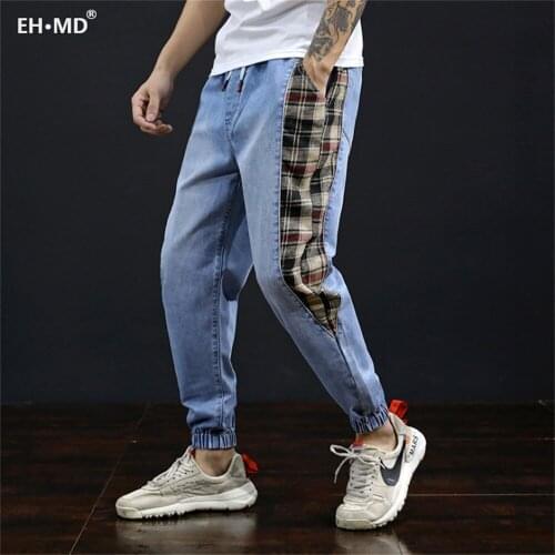 EH·MD® Checkered Fabric Stitching Jeans Mens Drawstring Waist Elastic Youth Soft Cotton Slim Fit Feet Elastic Harem Pants Loose