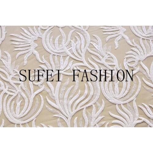 Quality handmade 120cm wide white beading embroideried net lace wedding dress cheongsam fabric S126