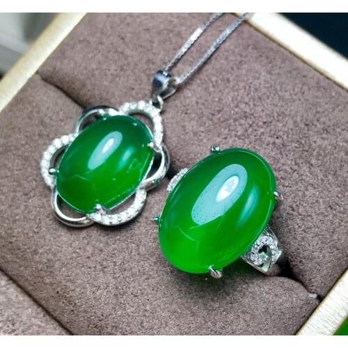 Classic green gemstone ring and necklace jewelry set for women real 925 silver natural chalcedony big size party gift