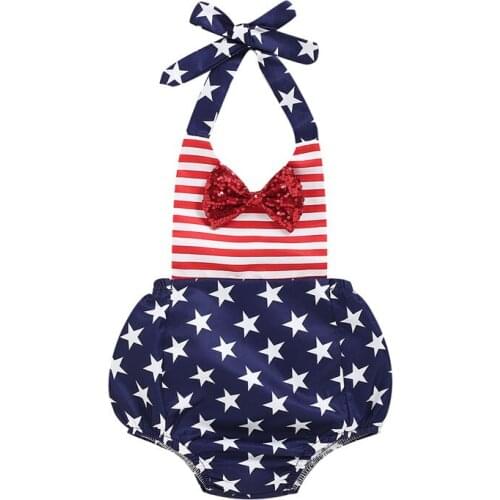 Citgeett Summer Newborn Baby Girls Independence Day Bodysuits Striped Star Printed Sleeveless Clothes Ruffles Backless Jumpsuits