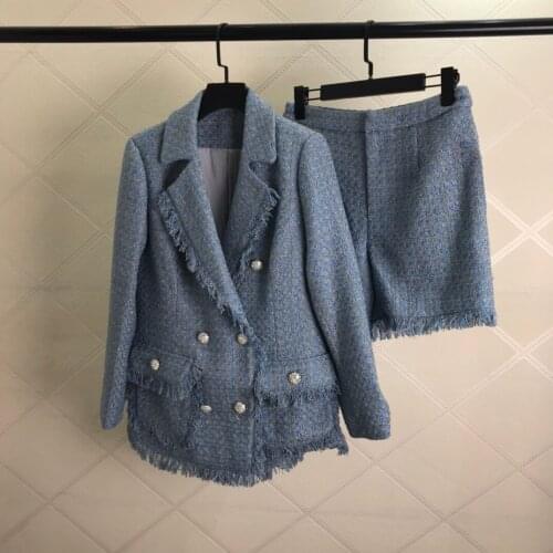 119696 tweed elegant blue women jacket shorts two pieces sets
