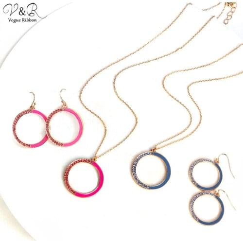 New Trendy Jewelry Set 2020 Gold Round Epoxy Pendant Necklace Earring Set With Rhinestone High Fashion Simple Jewelry For Women