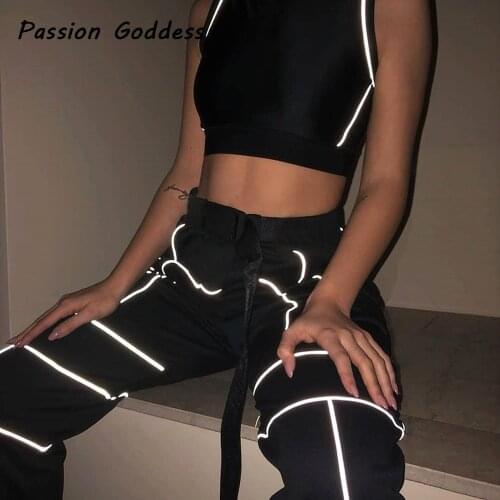 2 Piece Women Reflective Stripe Tracksuit Slim Luminous Crop Tops Cargo Pants High Waist Trousers With Buckle Belt Two Piece Set
