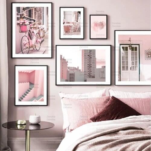 Nordic Posters and Prints Wall Art Canvas Painting Pink City Flower Bike Caffee Girl Room Pictures Living Room Bar Decoration