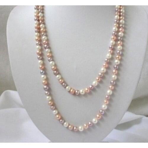Natural 7-8mm Akoya white pink purple freshwater pearls long necklace long 50"