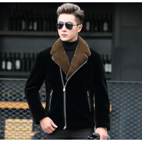 Real Natural Mink Fur Collar Winter Men Short Sheep Shearing Down Jacket Alpaca Coat LBL-DAF98001 KJ1377