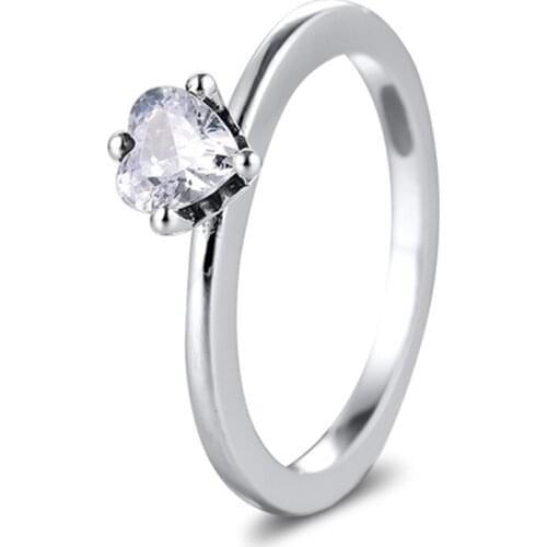 QANDOCCI 2020 New 925 Sterling Silver Rings Clear CZ Heart Solitaire Finger Rings for Women Fashion Jewelry berloques anillos