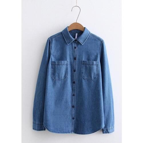 2021 Autumn New Denim Women Blouse And Shirts Pockets Turn-Down Collar Lady Elegant Solid Shirts Outwear Coat Tops