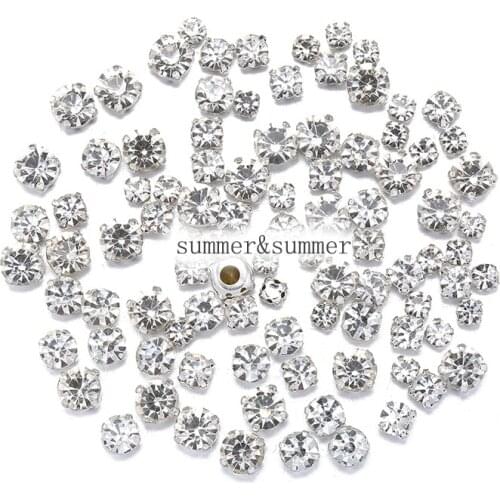 NEW ! MIX Size White 3mm-8mm Crystal Glass Sew-on Rhinestones Silver or Gold Bottom DIY Womens Dresses 50pcs-200pcs