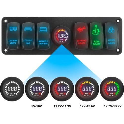 6 Gang Rocker Switch Panel 12-24V LED Voltage Display for RV Car Marine Boat Circuit Breaker Waterproof On-Off