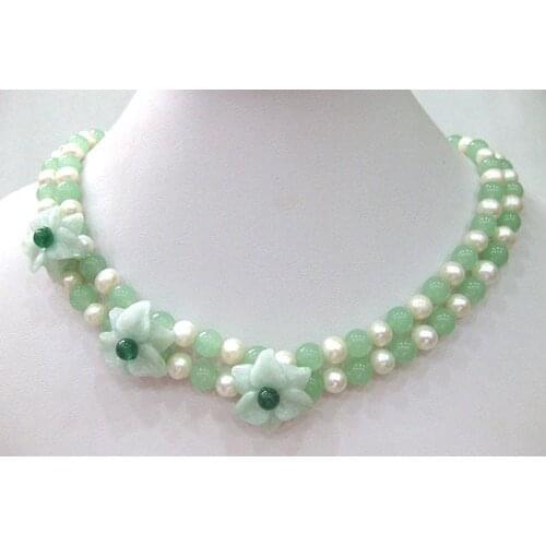 Popular 2 row white pearl & light green jadeS flower necklace