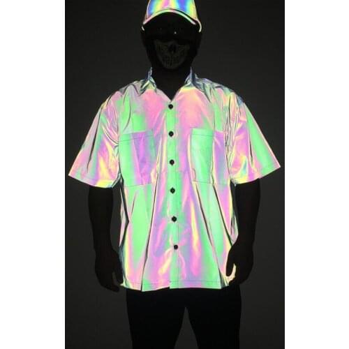 Reflective Shirts For Men Short Sleeve Casual Oversize Mens Shirt Summer Nightclub Night Running Chemise Homme Rainbow Camisas