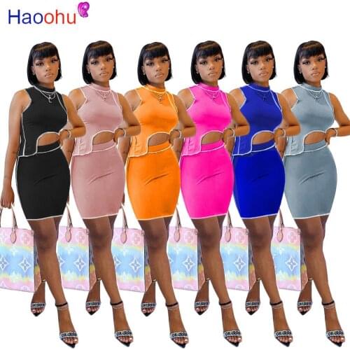 HAOOHU Sweatsuit Womens Set Sleeveless Irregular Tee Tops Mini Skirts Suit Sport Tracksuit Two Piece Set Fitness Outfit 2021