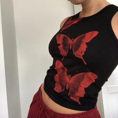 Butterfly Printed Y2k Crop Tank Top For Girls Summer 2021Sleeveless Women Casual White Tee O-Neck Black Shirt Blue Vest Pullover