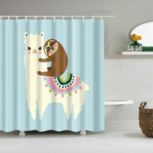 Shower Curtain Cartoon Alpaca Light Blue Fashion Bath Accessories with Hooks