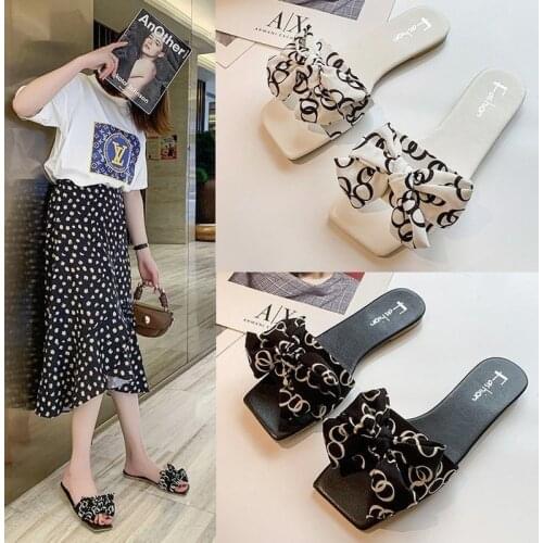 Plus Size Korean Style Flat slippers women Summer Solid Color Bowknot Sandals women Flock Outside Kawaii shoe for Ladies A009