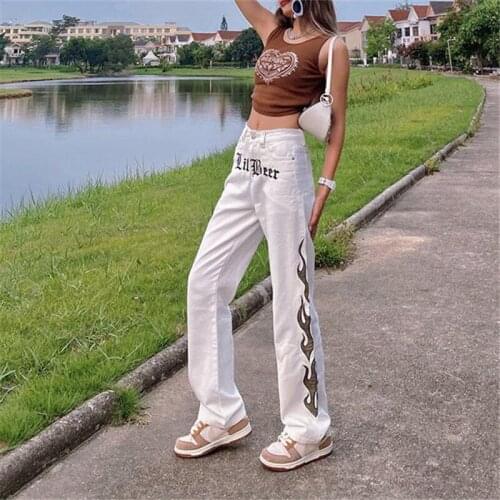 Womens Fashion Jeans Spring and Summer New High Waist Embroidered Buttons Zipper All-match Commuter Denim Straight Female Pants