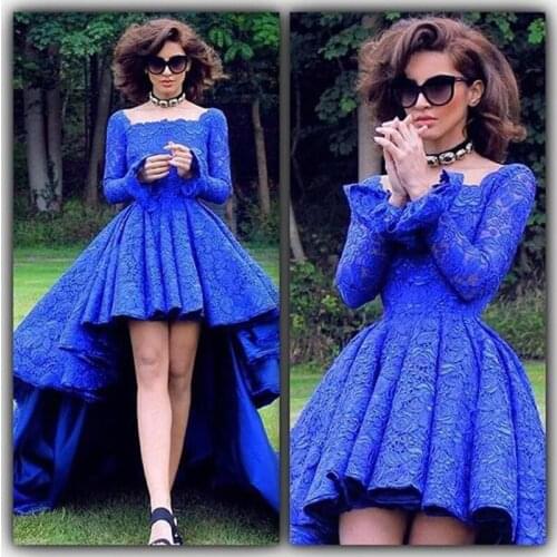 Fashion Royal Blue Long Sleeve Prom Dresses 2019 Hi-Lo Lace Square Neck Party Gowns Vestidos De Gala Hot Sale
