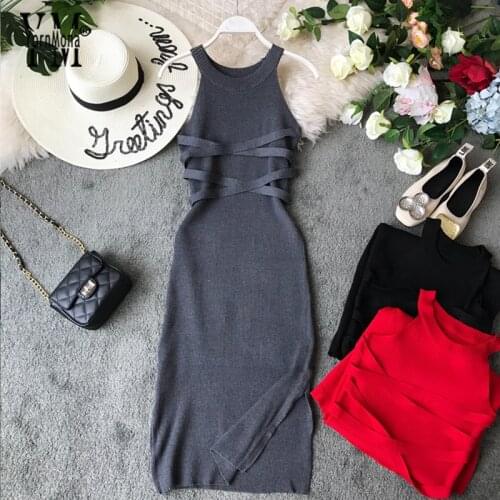YornMona Korean Style Women Bandage Bodycon Dress 2019 Summer Split Knitted Party Dresses Elegant Halter Ladies Long Maxi Dres