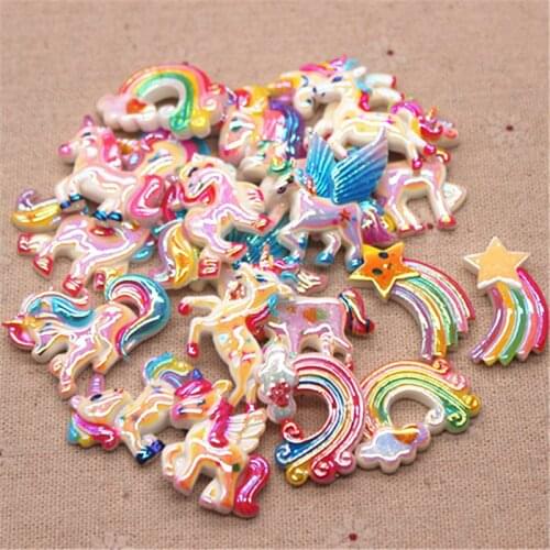 10pcs Mix Patterns Glitter Shiny Rainbow Resin Unicorn Cartoon Miniature Art Supply Home Decoration Charm Craft,about 3cm