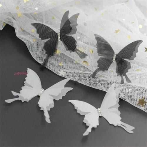 100PCS White Organza Swallowtail butterfly Appliques Sheer Chiffon Butterflies Double-Layer w/ rhinestone for Party Decoration