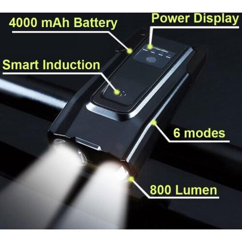 4000mAh Induction Bicycle Front Light With Horn 800 Lumen Headlight Set USB Rechargeable Waterproof LED Flashlight For Bicycle