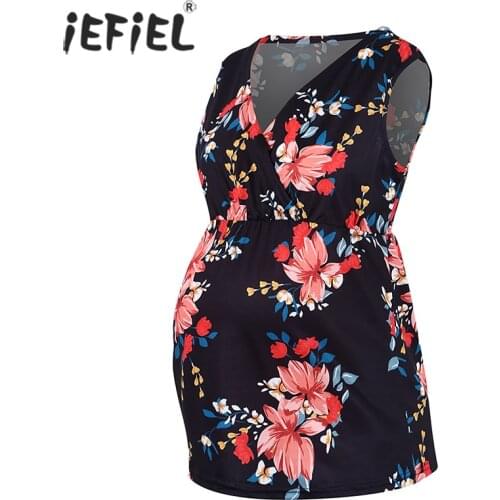 Maternity Tops V-Neck Sleeveless Floral Print T-Shirts for Pregnant Women Elegant Ladies Shirt Summer Blouse Tops Maternity Tops