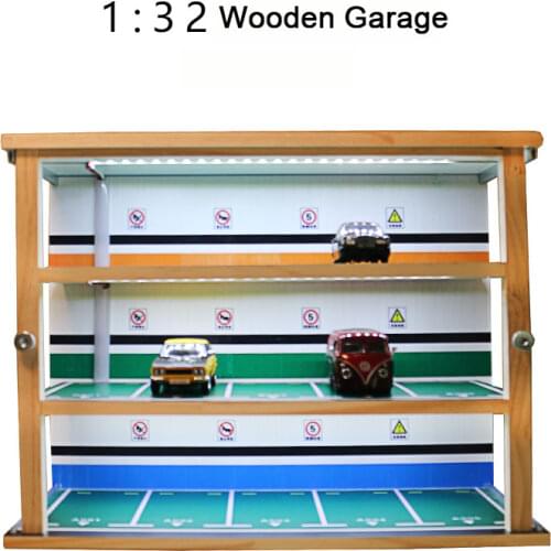 1:32 Scale Diorama Alloy Car Model Wooden Garage Parking Lot Scene With LED Light Storage Box Simple Style Display Cabinet Toy