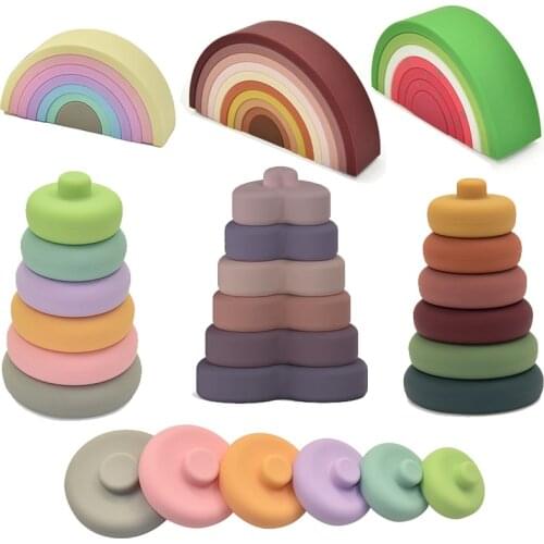 Baby Soft Montessori Rainbow 3D Building Blocks Baby Food Grade Silicone Rubber Teether Toy Babies Shap Educational Toys