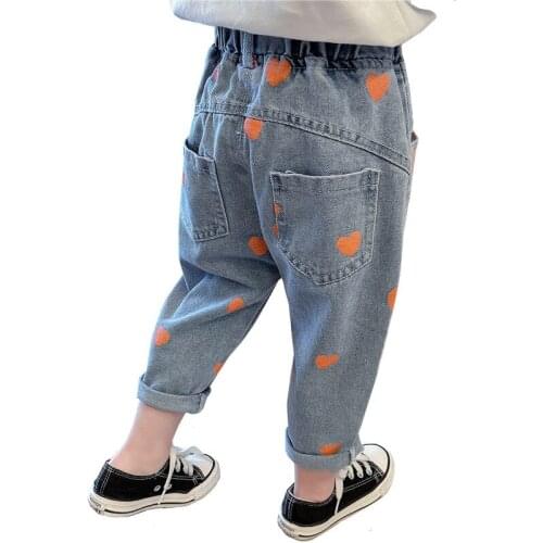 Baby Girls Jeans Love Print Design Ripped Hole Toddler Clothing Kids Trousers Pants For Infant Boys 90-130CM Wear LM049