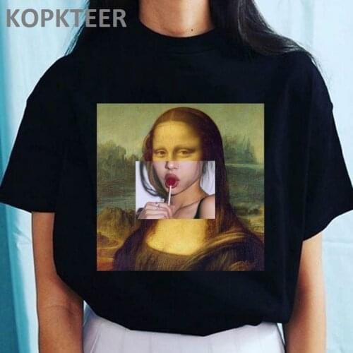 Mona Lisa T Shirt Women Spoof Fashion Tshirt Summer 2019 Harajuku Aesthetics 100% Cotton Short Sleeve Black Tops Female T-shirt