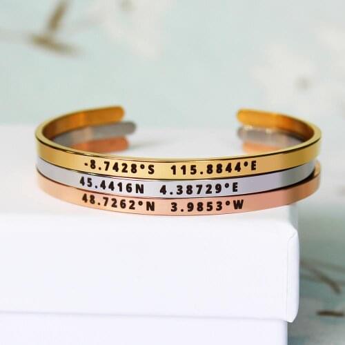4mm Width Stainless Steel custom Personalized coordinate Bangles Laser Engrave Adjustable Open Cuff Travel bracelet Gift SL-161