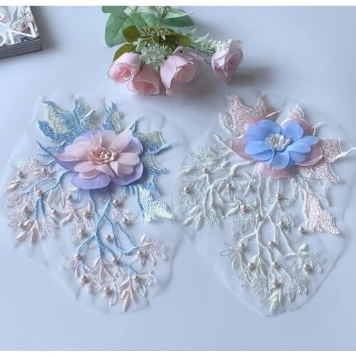 Nice beads mesh pink flower embroidery lace fabric applique ribbon trim collar sewing DIY craft wedding dress cloth Accessories
