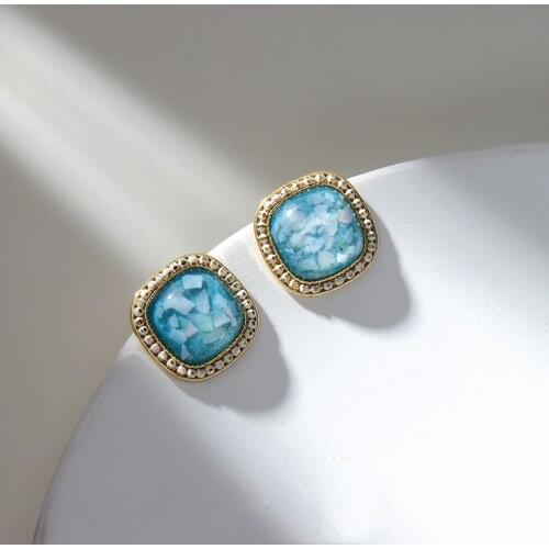 Dainty Female Blue Square Stud Earrings Charm Gold Color Wedding Earrings Simple Bride Small Wedding Earrings For Women