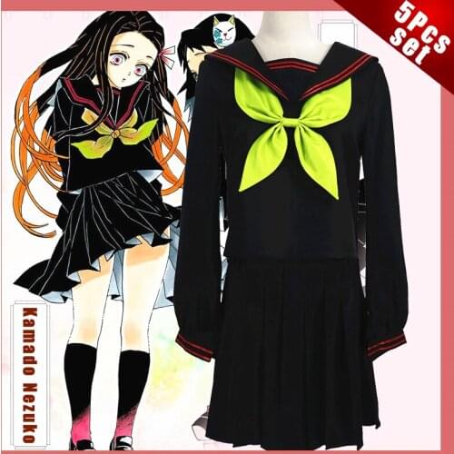 Anime Demon Slayer Kamado Nezuko Cosplay Costume Black Sailor Suit Long Wig Mask Kimetsu No Yaiba Tops Skirt Woman Girl Costume